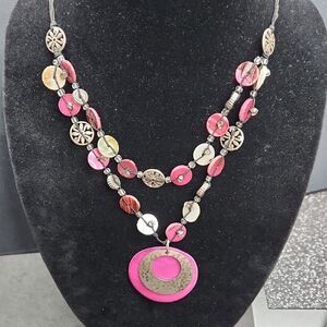 Coldwater Creek Pink Shell Disc and Silver Medallion Necklace